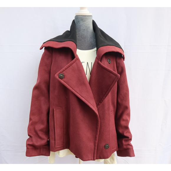 L'AGENCE Jackets & Blazers - L'Agence Burgundy Fleece with Black Collar Notch Lapel Double-Breasted Sz XL US